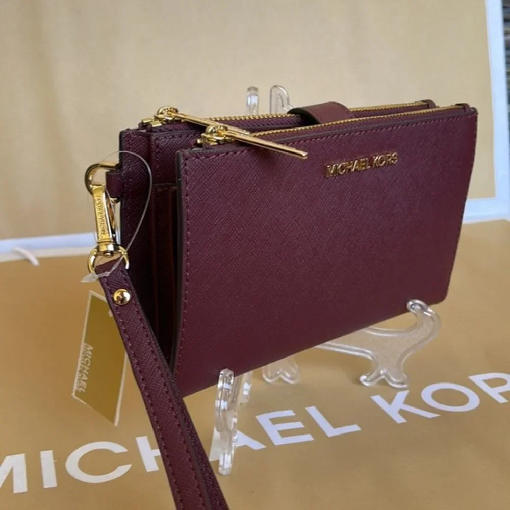 Michael Kors Jet Set Travel Large Double Zip Wristlet Wallet Dark Cherry Leather